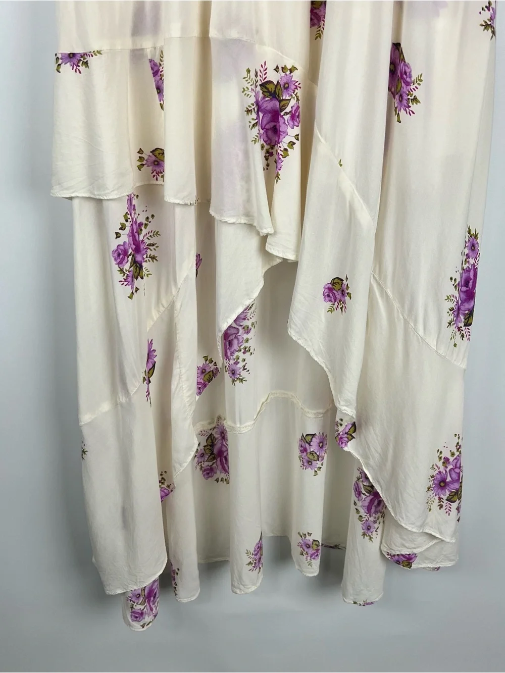 Free People Birdie Floral High-Low Midi Dress Feminine Boho Ivory Purple Size 8